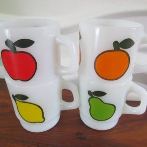 Super Rare complete set of 1970s SUPER FRUIT Fire King/Anchor Hocking mugs